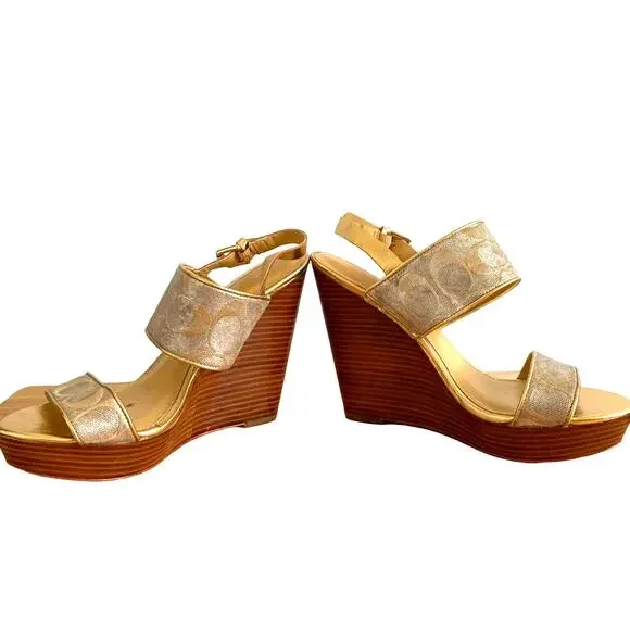 Coach Jezebel Metallic Logo Wood Heel Open Toe Buckle Wedge in Gold Silver 8.5
